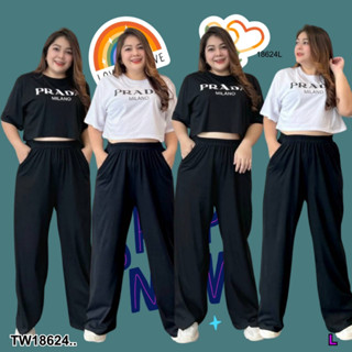 TW18624 set #Bigsize 2 ชิ้น เสื้อครอปคอกลมแขนสั้น + กางเกงขายาวทรงกระบอกใหญ่