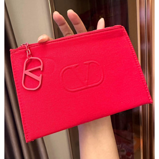 NEW! Valentino Logo Red Cotton Canvas Flat Makeup Pouch Cosmetic Case Zippered