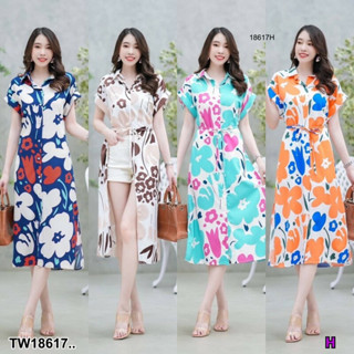 TT18617 เดรสแขนเบิ้ล ติดกระดุมหน้า ลายดอกไม้.. Dress with cable sleeves, buttoned front, floral pattern..