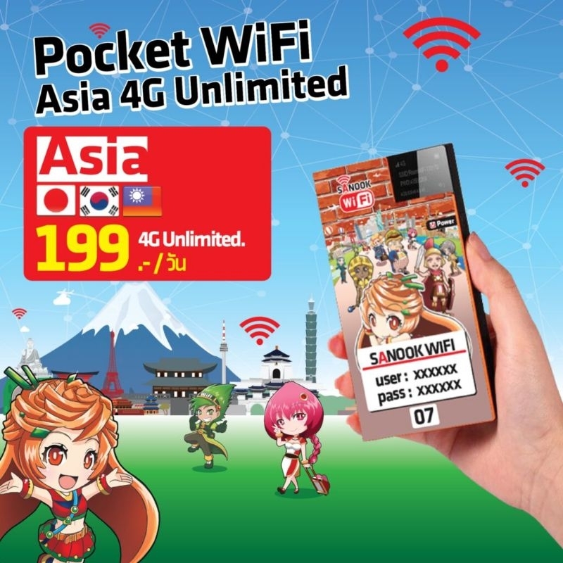 โปรโมชั่น เช่า Pocket WiFi ญี่ปุ่น 4G Unlimited. 199.-/วัน ถูกที่สุด เน็ตเร็ว แรงจริง แชร์ได้ 4-5 เครื่อง
