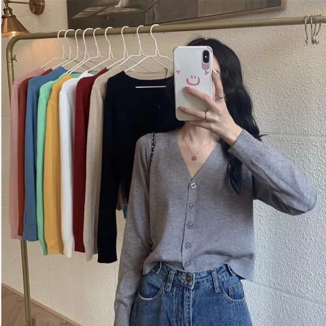 Sugar พร้อมส่ง เสื้อครอป เสื้อคลุม แขนยาว คอวี ผ้านิ่มใส่สบาย จั๊มแขน กระดุมหน้าแกะได้(8A55)