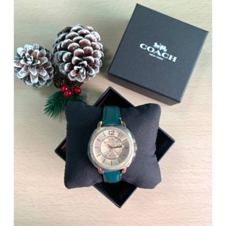 ⌚💚นาฬิกาข้อมือ หญิง NEW COACH BOYFRIEND WOMENS GREEN LEATHER STRAP GOLD WATCH หน้าทอง ล้อมคริสตัล สายหนังสีเขียว สวยมาก