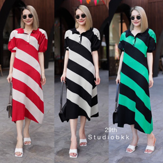 🌈🌿🌺🌼🌸💚❤️🇰🇷Knit Stripe Slant 2Tone Polo Maxi Dress