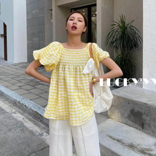 (พร้อมส่ง) Gingham puff shirt ✨🥐 C3908 เสื้อแขนพอง เสื้อแขนตุ๊กตา เสื้อมินิมอล เสื้อแขนพองๆ