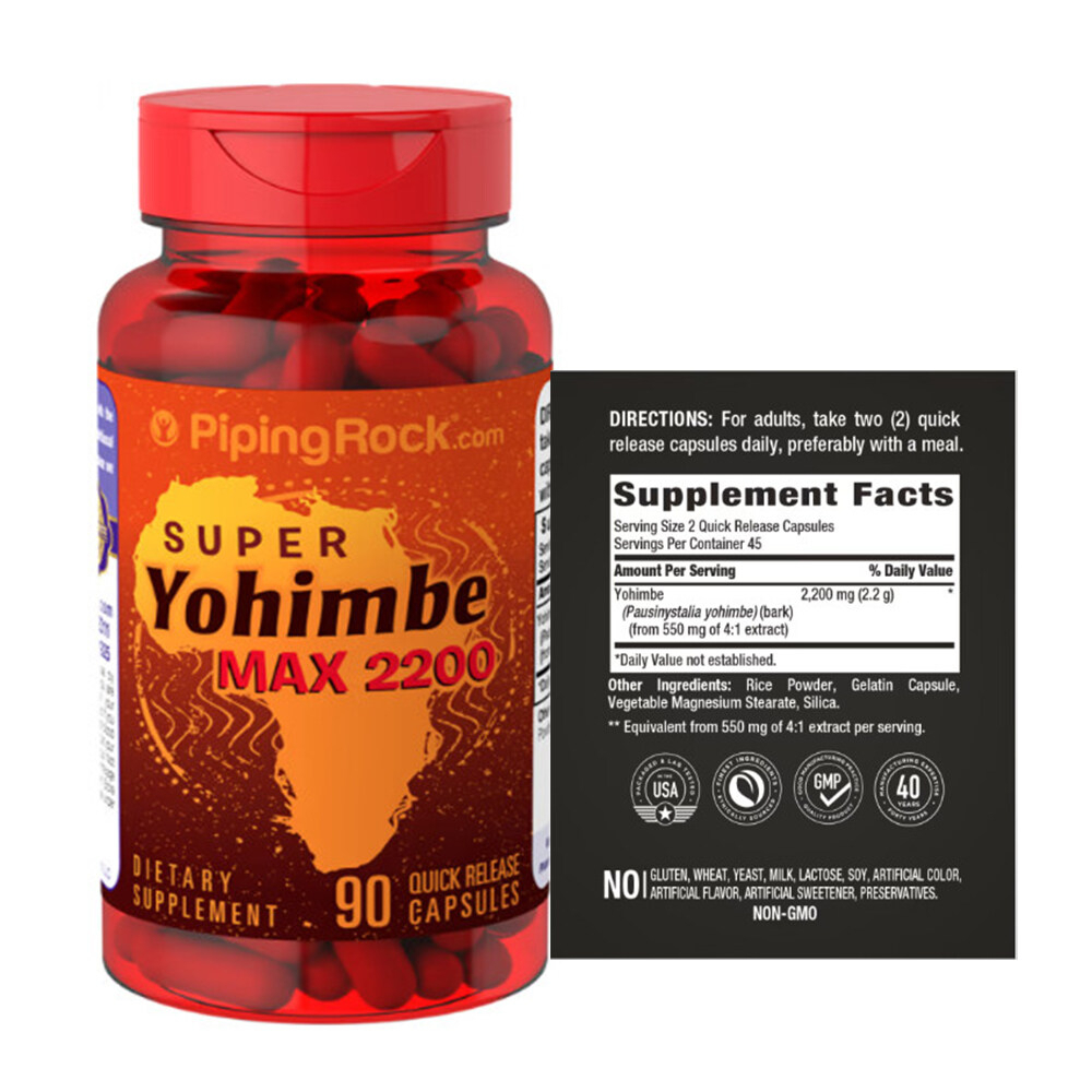 PipingRock  Yohimbe Max 2200 90 Quick Release Capsules  โยฮิมบี  จำนวน 1 กระปุก