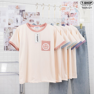 T0225 เสื้อยืด สีพื้น ติดกระเป๋าหน้ายิ้ม