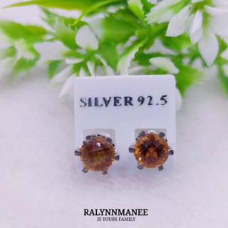 H6405 ต่างหูพลอยซิทรีนแท้ ( Citrine ) แบบก้านเสียบ ตัวเรือนเงินแท้ 925 ชุบทองคำขาว