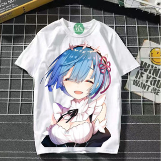 Re:Zero Rem เสื้อยืดสำหรับผู้ชายและผู้หญิงสไตล์เดียวกันผ้าฝ้ายแท้สุดฮอตแฟน ๆ ของอะนิเมะ Rem ต้องมี น่ารักมากๆ