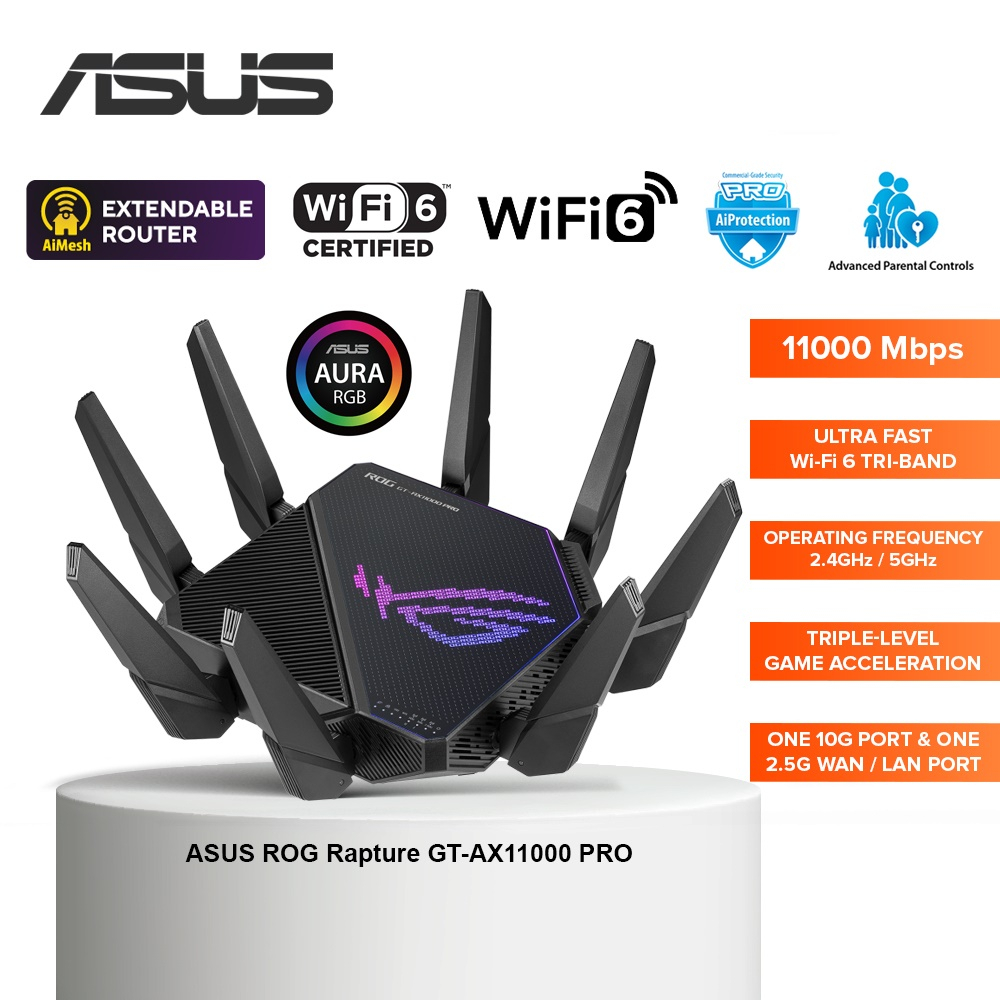 ASUS ROG Rapture (GT-AX11000 PRO) Tri-Band WiFi 6 gaming router, 2.5G port, 10G port, enhanced hardware
