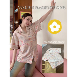 VALEN BASIC STORE💕 เสื้อเชิ้ตลายกราฟฟิก สีละมุน