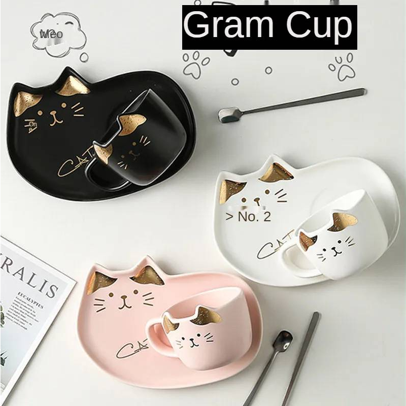 ชุดแก้วกาแฟเซรามิค แก้วลายแมว cat พร้อมจานรอง+ช้อน ถ้วยกาแฟ แก้วการ์ตูนสร้างสรรค์ พร้อมส่ง
