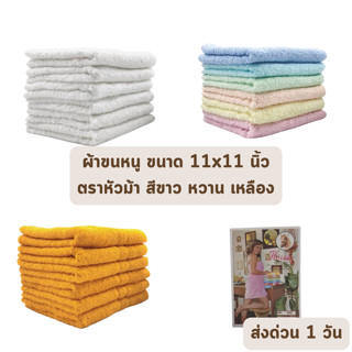 🔥HOT DEAL🔥 จัดเต็ม ! ผ้าขนหนู ผ้าเช็ดหน้า ขนาด 11x11 นิ้ว ตราหัวม้า สีขาว เหลือง หวาน ราคาโรงงาน