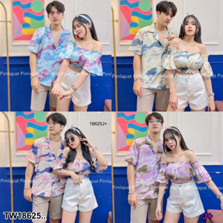 J18625 ชุดเซ็ท 3ชิ้น เสื้อฮาวาย+ เสื้อครอป + สายผูกผม 3-piece set: Hawaiian shirt + crop top + hair tie