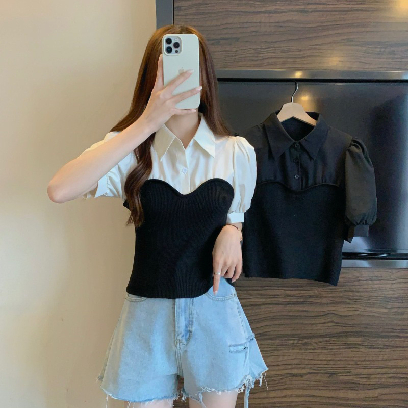 สินค้าพร้อมส่งในไทยเสื้อแฟชั่นผู้หญิงสไตส์เกาหลี เสื้อทูโทน ทรงฮิต สไตล์คาเฟ่มินิมอล