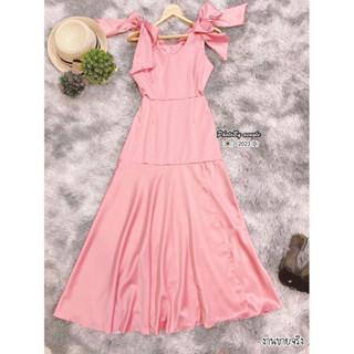 BS2023  Maxidress แม็กซี่เดรส ออกงานแต่งโบว์ไหล่ทั้ง 2 ข้าง ชายกระโปรงผ่าสูง โชว์เรียวขา เนื้อผ้าซาร่า งานซิปหลัง