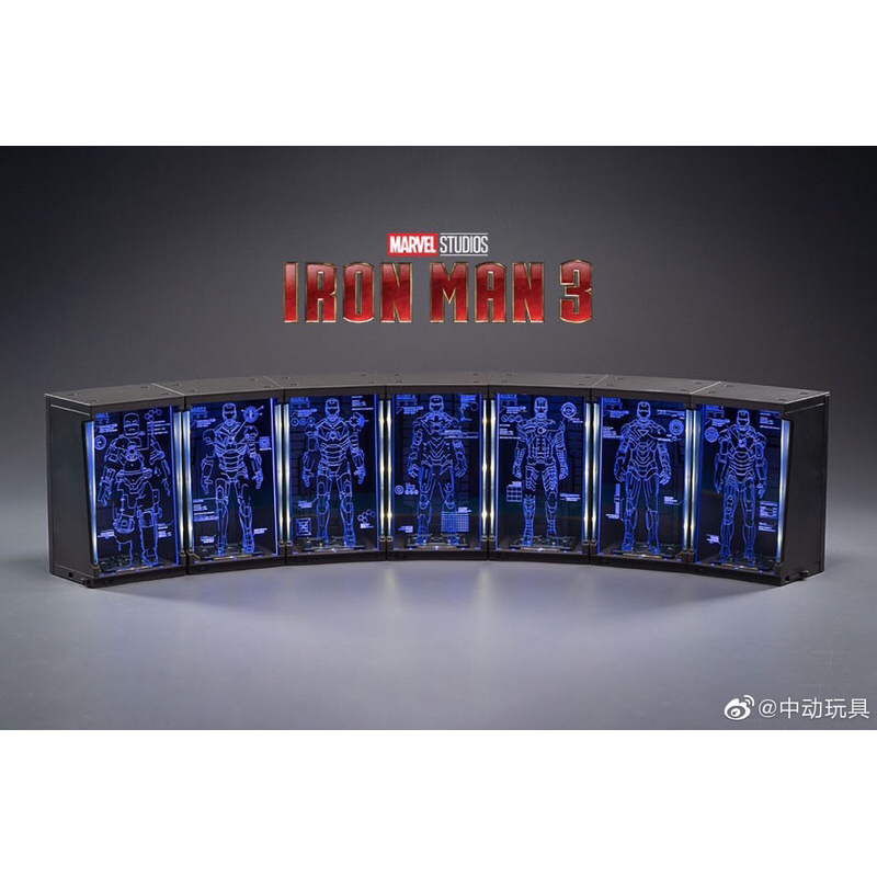 (7 Pcs Set)ZD Toys Marvel Iron Man + Blue LED Hall of Armor + Hologram Panel 1/10 Action Figure 18 cm