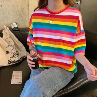 📌hongsuun 📌(พร้อมส่ง)  เสื้อยืดoversize ลายทาง สีรุ้งสดใส สไตล์เกาหลี Stripped T-shirts พร้อมส่ง🐯#009