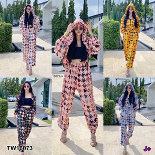 TwinsShopVip💗พร้อมส่ง  TW16073 Set แจ็คเก็ตมีฮู้ด+กางเกงขาจั๊มแต่งระบายข้าง#A16-4
