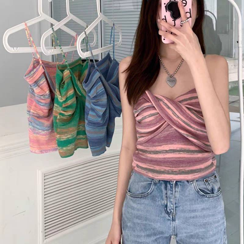 🌟Fairy Style✨เสื้อไหมพรม สายเดี่ยว สีเรนโบว์ทรูโทน ม้วนหน้าอก สีสันสดใสทรงสวย สไตล์เกาหลี #Y03