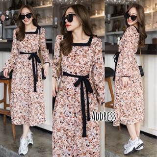 🌈🌿🌺🌸🌼🧡🤎🇰🇷 Floral SQ Collar Rim Long Sleeve Maxi Dress