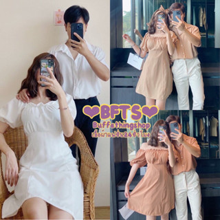 BFTS🧡 พร้อมส่ง F1003 ชุดคู่เสื้อเชิ้ตคอปก+เดรสแขนตุ๊กตาหลังสมอค ใส่ได้ทั้งแบบเปิดไหล่และปิดไหล่ ผ้าไหมอิตาลี ใส่เป็นคู่