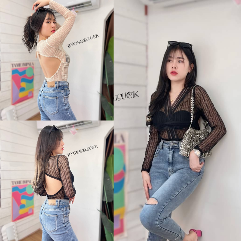 SpinnyHouse บอดี้สูท ผ้าบางซีทรูท ทรงคอวีแขนยาวเว้าโชว์หลัง งานเนื้อผ้านุ่ม เนื้อผ้ายืดตามตัวเป็นขนาดฟรีไซส์ กิโลเมตร