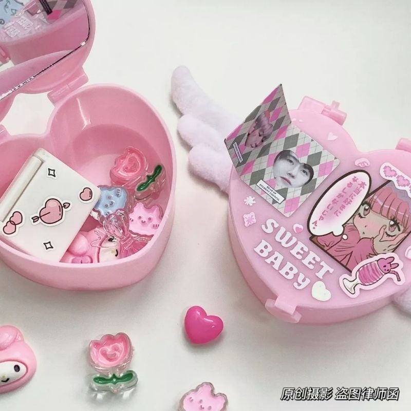 พร้อมส่ง!กล่องใส่ของรูปหัวใจ สีชมพูน่ารัก เก็บเครื่องประดับ มีกระจก  เครื่องสำอางค์ ใส่การ์ด สต๊กเกอร์จุของได้เยอะ