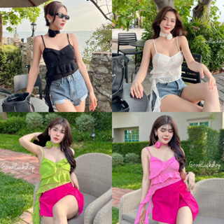 Teera❤️พร้อมส่ง✨Jennie top shirt🎀เสื้อสายเดี่ยวผ้าชีฟอง ดีเทลระบาย ปล่อยสายยาวข้าง ด้านหลังเป็นสม็อค Goodluck