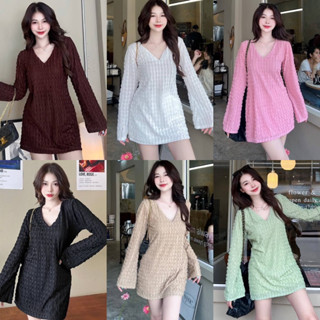 valann mini dress ชุดเดรสสั้น เดรสผ้าหยัก แขนยาว