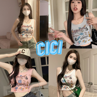 Cici(NO.1A23-2)เสื้อกล้ามไหมพรมมินิมอล พิมพ์ลายการ์ตูนสุดชิค