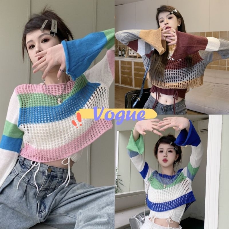 Vogue พร้อมส่ง เซ็ต เสื้อครอปไหมพรม+เสื้อคล้องคอไหมพรม ลายทางสามสี (6588+6588-1) -C