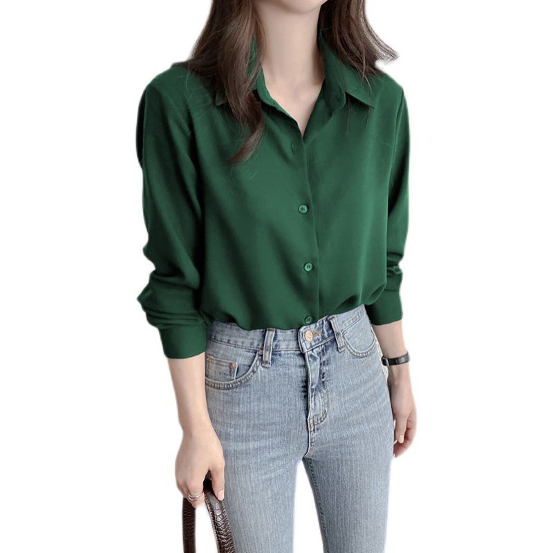 KT01 เสื้อเชิ้ตผู้หญิงแขนยาว shirt dark green สีเขียวเข้ม เสื้อเชิ้ตคอปกผ้าไหมอิตาลี สวมใส่สบาย เหมาะกับอากาศประเทศไทย