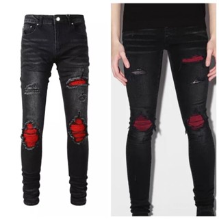 AMIRI black ripped hole red patch jeans