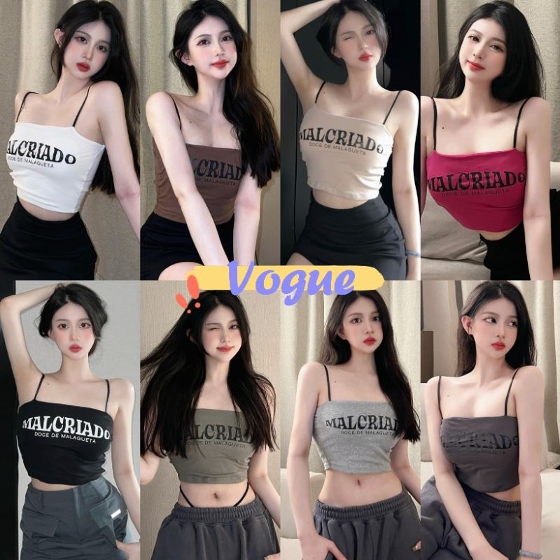 Vogue🌟พร้อมส่ง🌟 เสื้อสายเดี่ยว มีฟองน้ำ ผ้านิ่มยืด ลายตัวอักษร (FY637) -H