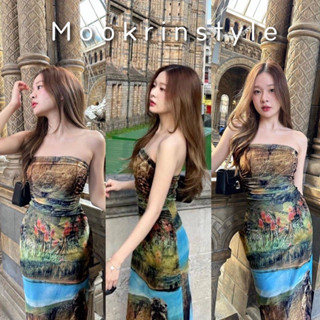 Mookrinstyle เดรสเกาะอก ลายธรรมชาติ เดรสภูเขาน้ำตก Tropical dress เดรสรัดรูปลายnatural