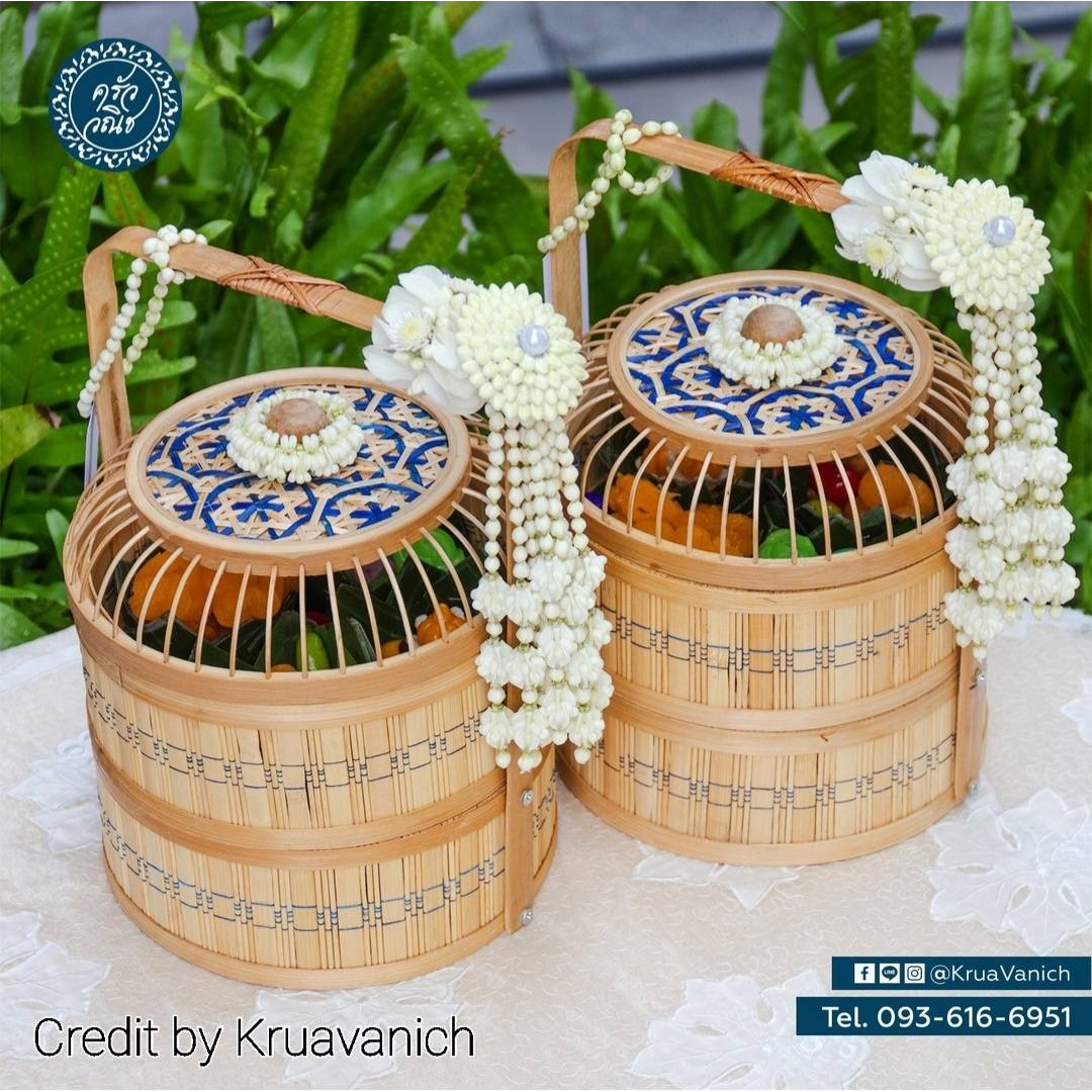 บ้านโคกพร้าว-ปิ่นโต ปิ่นโตไม้ 2 ชั้น ทรงกลม รุ่นกรงนก (สีเบจ+น้ำเงิน) ขนาด 10 นิ้ว / ขนาด 24.50x24.50x34 cm ใช้ใส่อาหาร