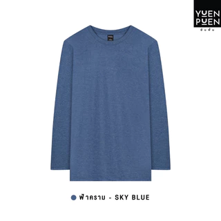 YuenPuen เสื้อยืดแขนยาว สีฟ้าคราม ยืนพื้น ไม่ยืด ไม่ย้วย ไม่ต้องรีด สีพื้น เนื้อผ้านุ่มใส่สบาย
