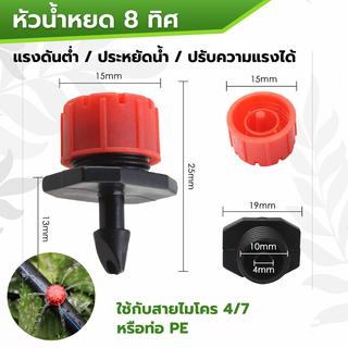 หัวน้ำหยด 8 ทิศทาง ใช้กับสายไมโคร 4/7,5/7 มม. ปรับระดับได้ มีเรทส่ง