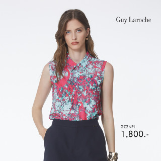 Guy Laroche เสื้อแขนกุด Blouse เสื้อเบลาส์ผ้าจอร์เจียคอปก แขนกุด ลายพิมพ์ Pinky Flamingo (GZ2NPI)