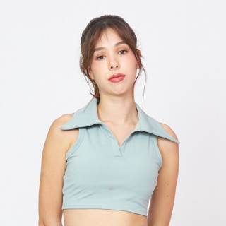 [Peaches active] Luxeflex Collar Crop Top (Monaco) - เสื้อยืดฟ้า / เสื้อออกกำลังกาย เสื้อผ้าโยคะ เล่นกีฬา