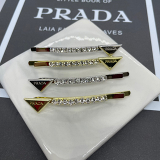 PRADA Embellished brass hair clip กิ๊ปติดผมประดับเพชร พร้อมหัวโลโก้ปราด้า  ชุด 2 ชิ้น ซ้าย-ขวา งานสวยเงาวิ๊บ