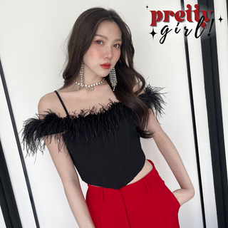 SEOULMATE PRETTY GIRL #SM5120 เสื้อสายเดี่ยวปาดไหล่ แต่งขนนกฟรุ้งฟริ้ง Corset เข้ารูป ใส่แล้วเป๊ะปังสุดๆ