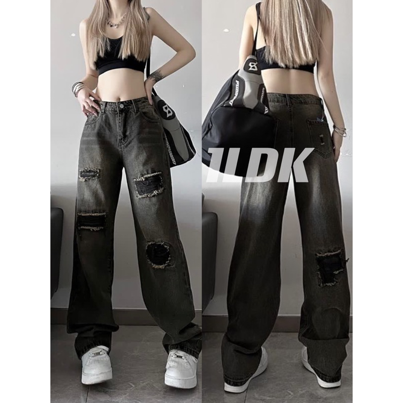 1LDK พร้อมส่ง กางเกงยีนส์ขายาว ทรงกระบอก ดีเทลแต่งขาด เฟดสีเท่ๆ(6849)