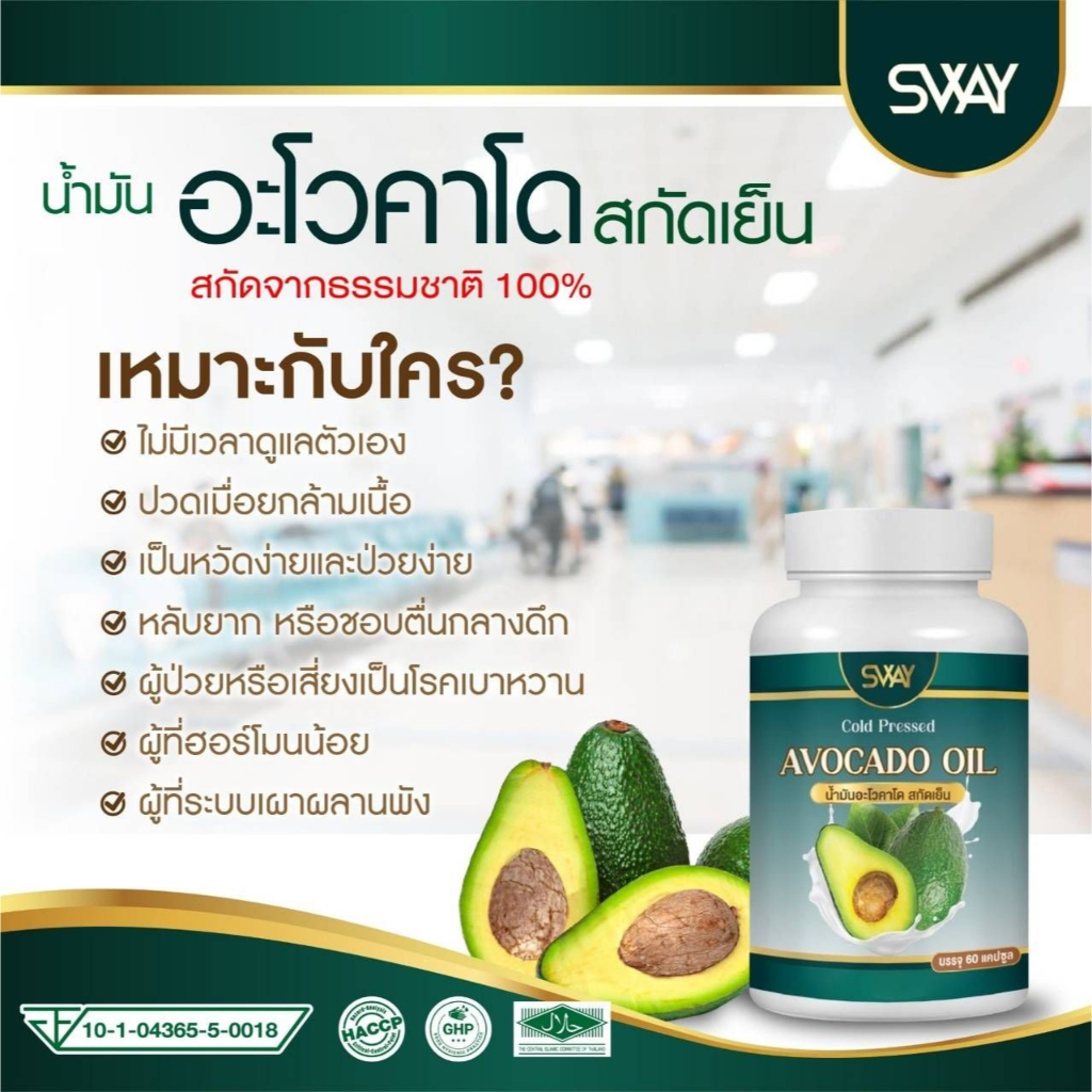 Sway Avocado oil น้ำมันอโวคาโด พลัส สกัดเย็น น้ำมันอโวคาโดสกัดเย็น 1 กระปุก 60 ซอฟเจล