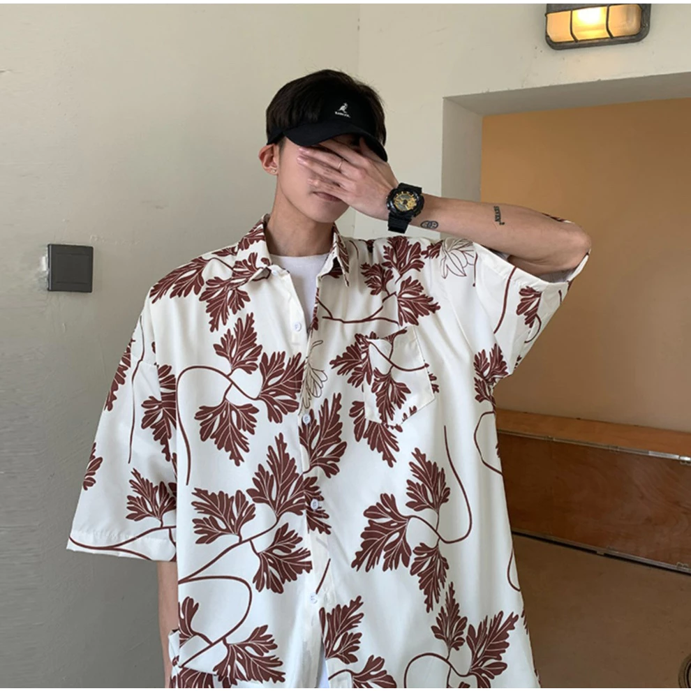 เสื้อเชิ้ตแขนสั้น สไตล์เกาหลี ลายดอกสีแดง ยูนิเซ็กส์ thumbnail 9