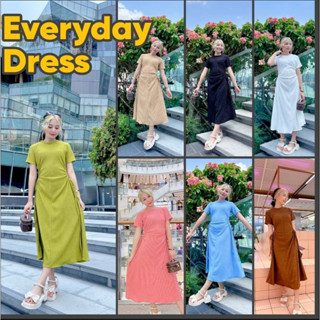 🌦Everyday Dress🌦เดรสยาวผ้ายืด คอกลม แขนสั้น เว้าเอว เดรสผูกเอว เดรสสีพื้น สาวอวบใส่ได้ ใส่คลุมท้องได้