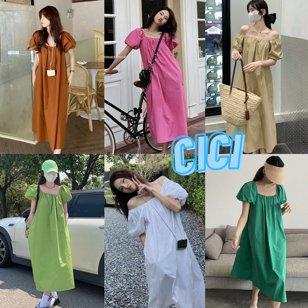 ส่งทันที Cici(NO. C3091)เดรสยาวผ้าคอตตอนแขนพอง ดีเทลเว้าหลังลุคคุณหนูแอบแซ่บ