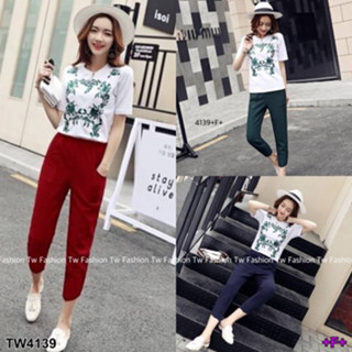 CS4139 	Set 2 ชิ้น เสื้อลายใบไม้+กางเกง 6 ส่วนทรงเดฟ Set 2 pieces. Leaf pattern shirt + pants 6 parts, Dave style.