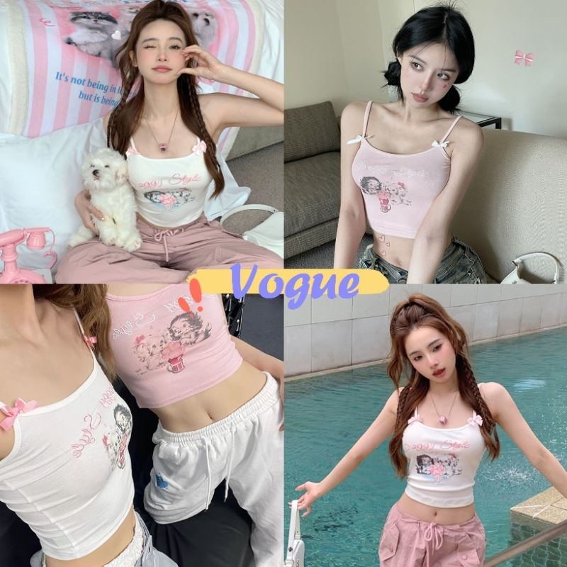 Vogue พร้อมส่ง เสื้อสายเดี่ยวไหมพรม ลายการตูน ติดโบว์ตรงสาย (68122-1) -C
