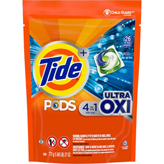 Tide PODS + Ultra Oxi Liquid Detergent Pacs เจลบอล เม็ดซักผ้า สูตรขจัดคราบเก่าและคราบฝังแน่น ขนาด 26 เม็ด